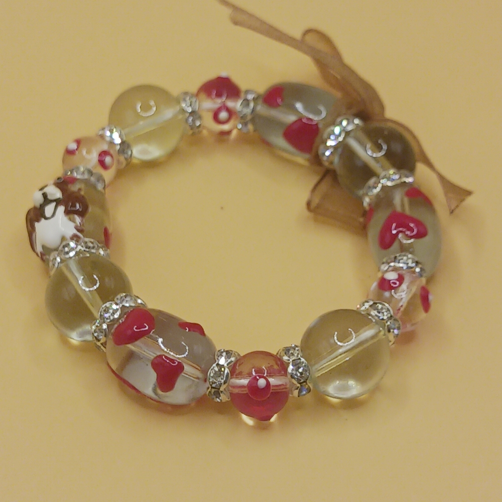 Dog Love Bassett Hound and Hearts Beads Bracelet with Rhinestones